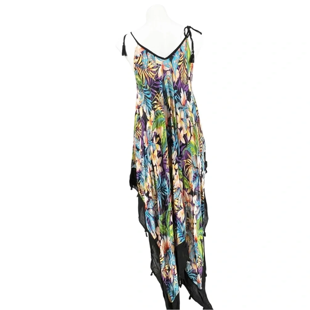 Vince Camuto Tropical Palm Handkerchief Hem Tassel Cover Up Dress One Size - Picture 5 of 9